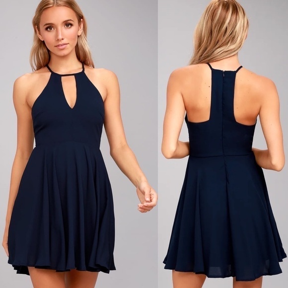 NWT Lulu’s Glamorous Grace Navy Blue Skater Dress - Picture 2 of 12